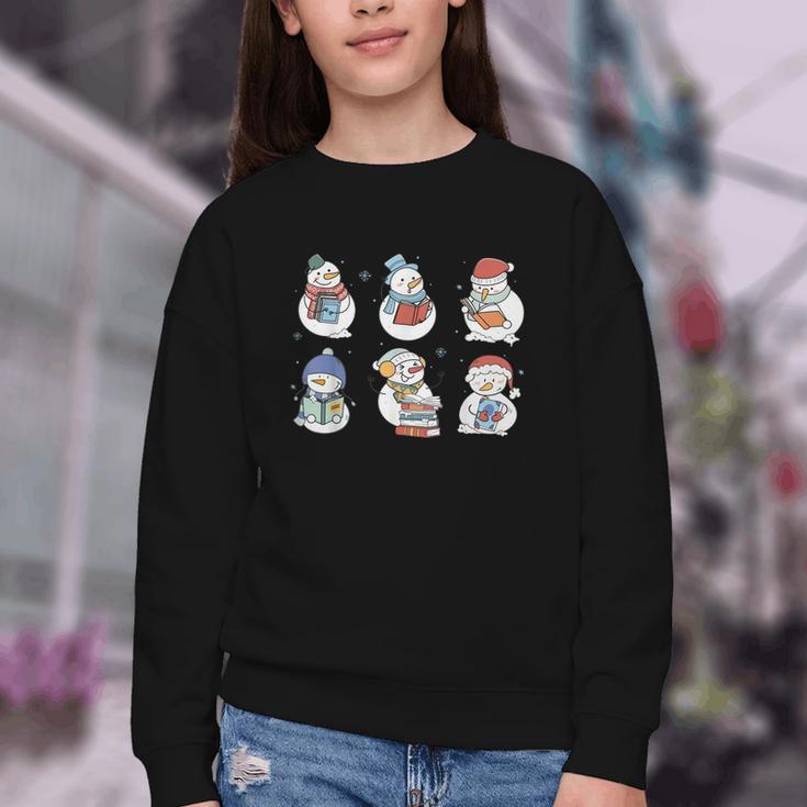Snowman Reading Book Santa Christmas Bookish Teacher Youth Crewneck Sweatshirt