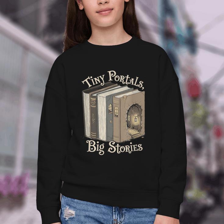 Tiny Portals Big Stories Book Nook Fantasy Gateway Youth Crewneck Sweatshirt