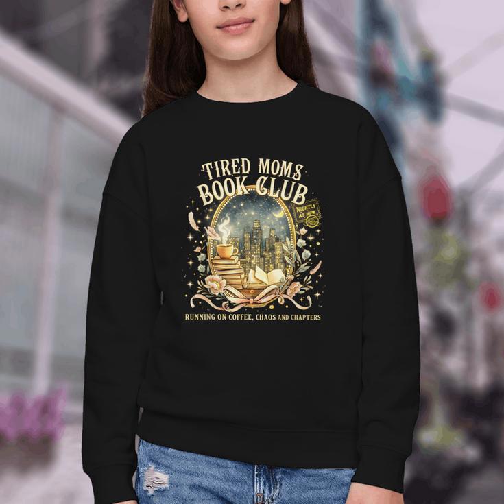 Tired Moms Book Club Cozy Night Coffee Reading Cat Youth Crewneck Sweatshirt