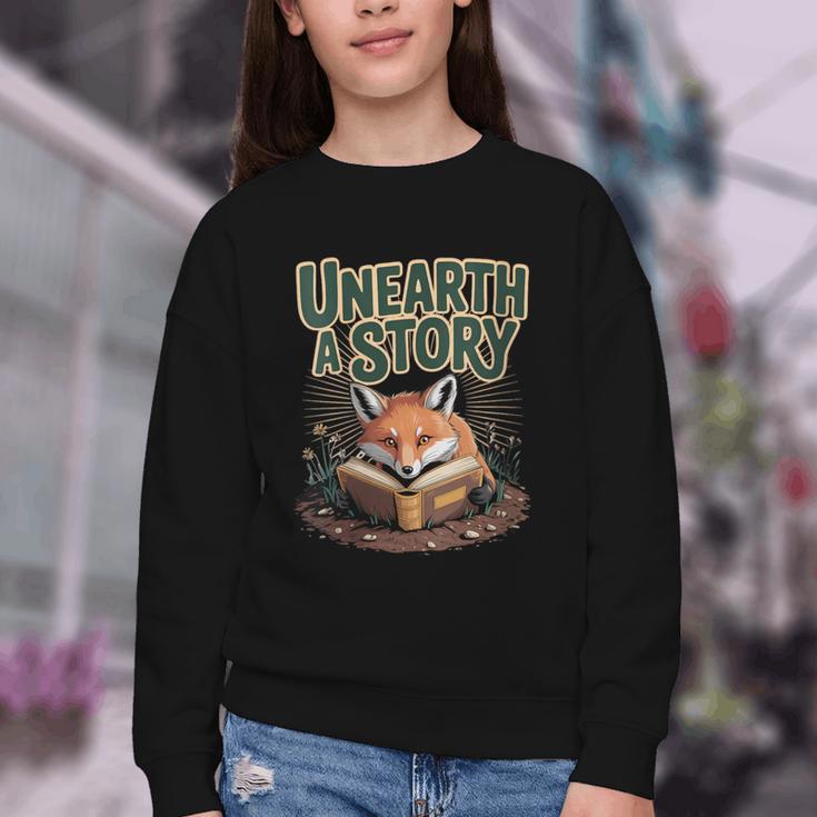 Unearth A Story Fox Reads a Book Youth Crewneck Sweatshirt Unearth A Story Fox Reads a Book Youth Crewneck Sweatshirt