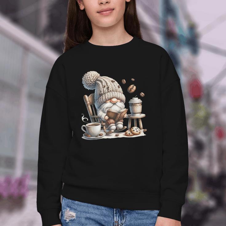Vintage Cute Gnome Reading Book Coffee Cute Gnome Graphic Youth Crewneck Sweatshirt