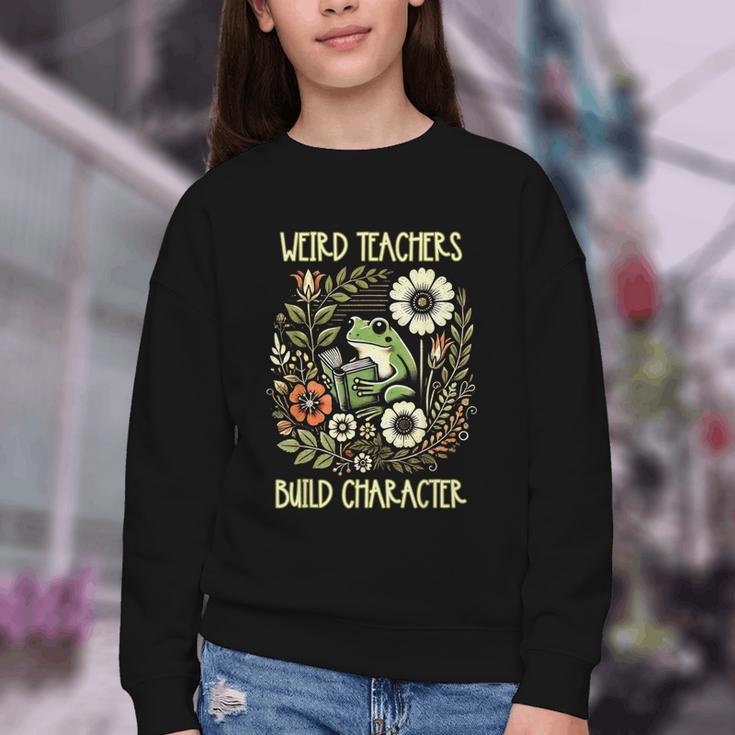 Weird Teachers Build Character Frog Reading Book Librarian Youth Crewneck Sweatshirt