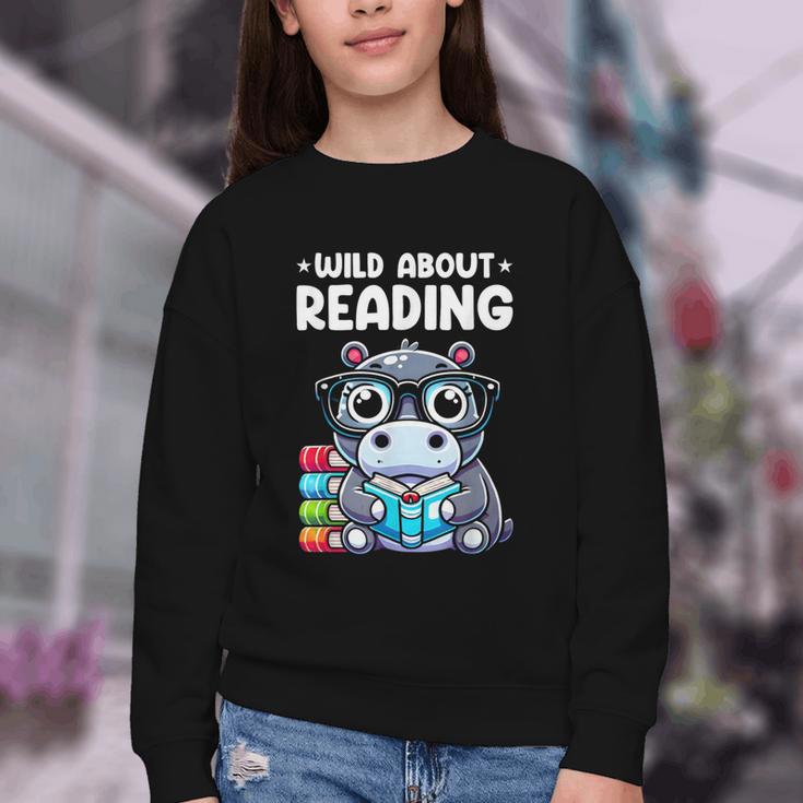 Wild About Reading Book Lover Hippo Youth Crewneck Sweatshirt
