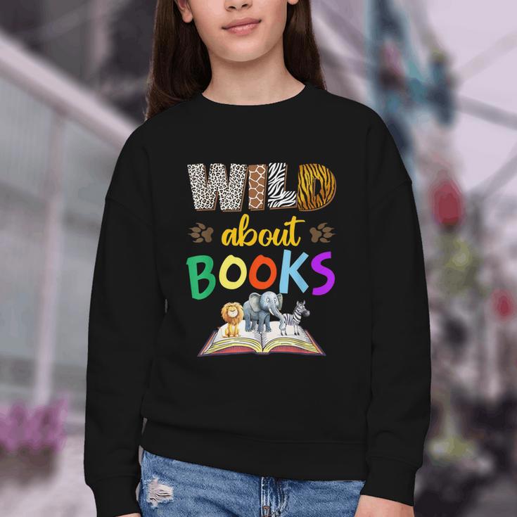 Wild About Reading Books Reader Bookworm Animals Book Lover Youth Crewneck Sweatshirt