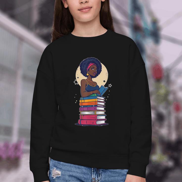 Woman And Books Stack Afro Girl Reading Lover Youth Crewneck Sweatshirt
