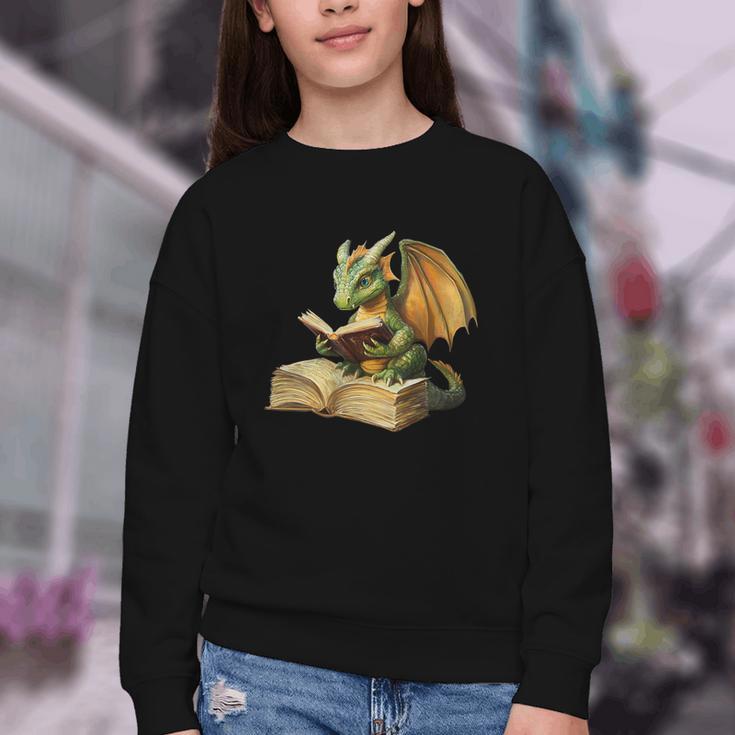 Women's Dragon Bookworm Reading Book Graphic Youth Crewneck Sweatshirt