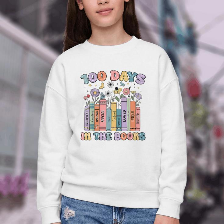 100 Days In The Books Reading Teacher 100th Day Of School Youth Crewneck Sweatshirt