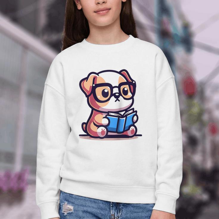 Adorable Book Lover Bulldog With Reading Glasses Cute Raglan Baseball Tee Youth Crewneck Sweatshirt