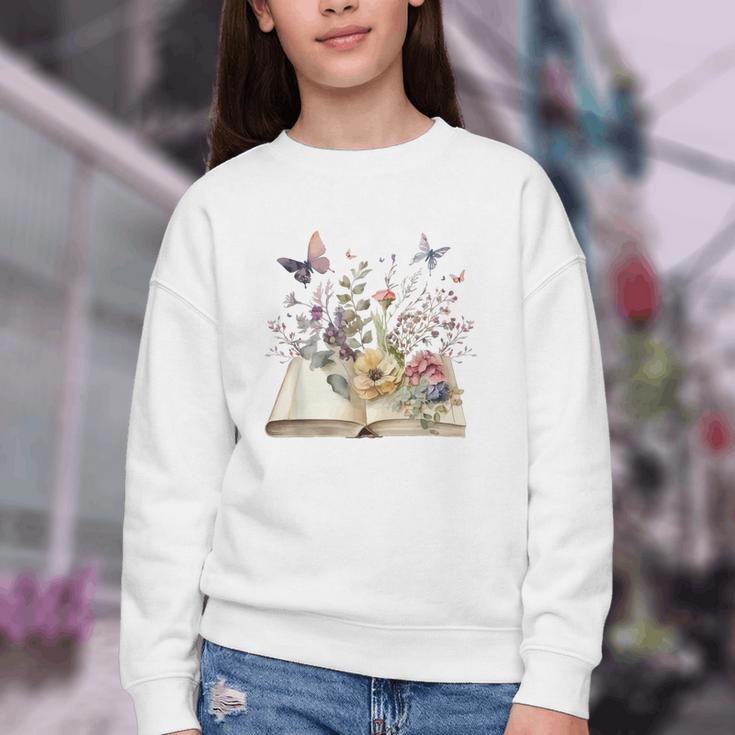 Book Flowers And Butterfly Beautiful Reading Reader Graphic Youth Crewneck Sweatshirt