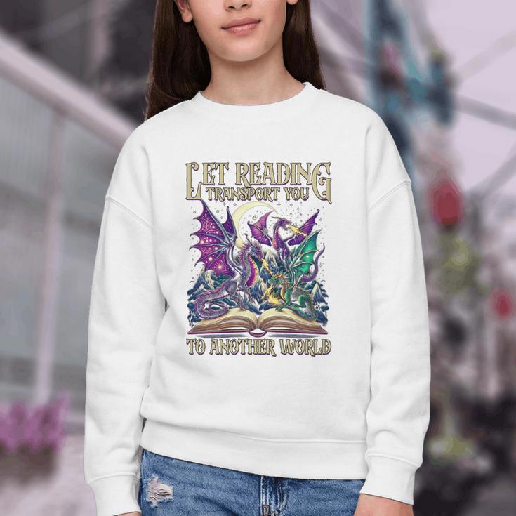 Book Lover Dragon Reading Transport You To Another World Youth Crewneck Sweatshirt