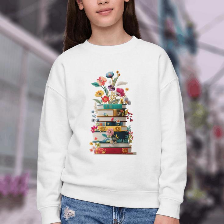 Book Stack With Flowers Reading Lover Bookish Youth Crewneck Sweatshirt