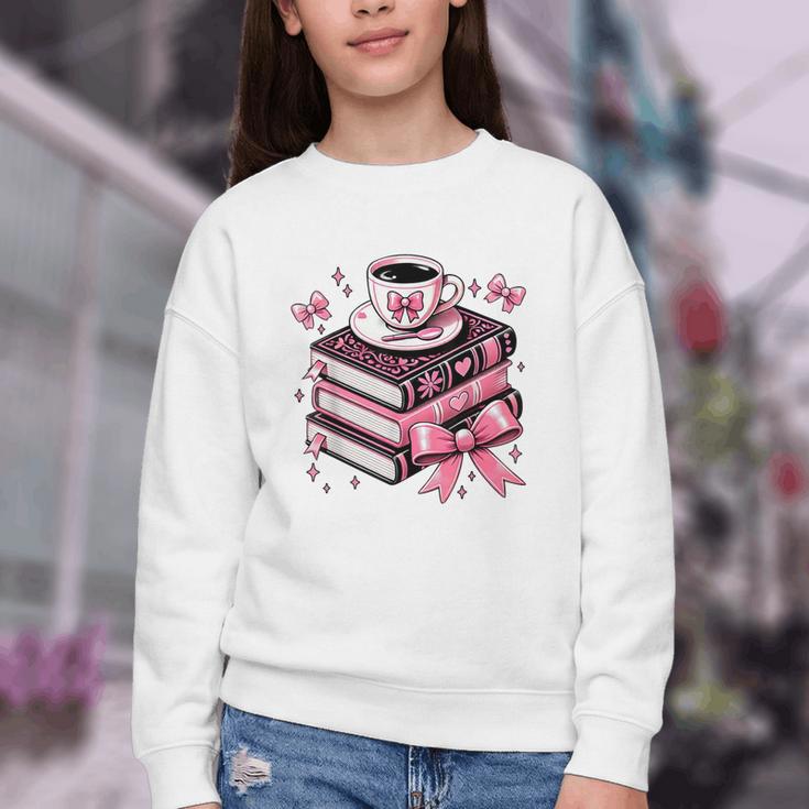 All Booked For Valentine's Teacher Coquette Bow Coffee Book Youth Crewneck Sweatshirt