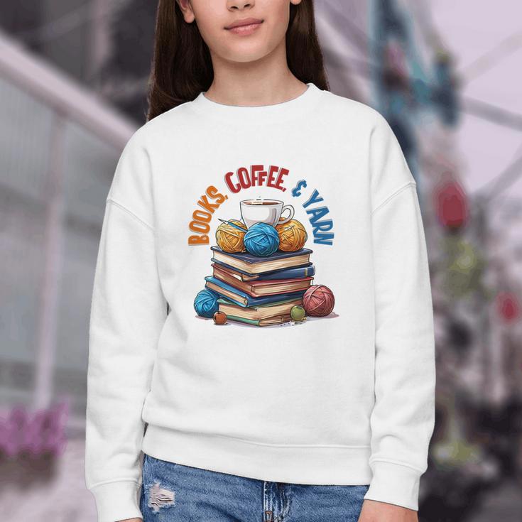 “Books Coffee & Yarn Enthusiast Cozy Reader Youth Crewneck Sweatshirt