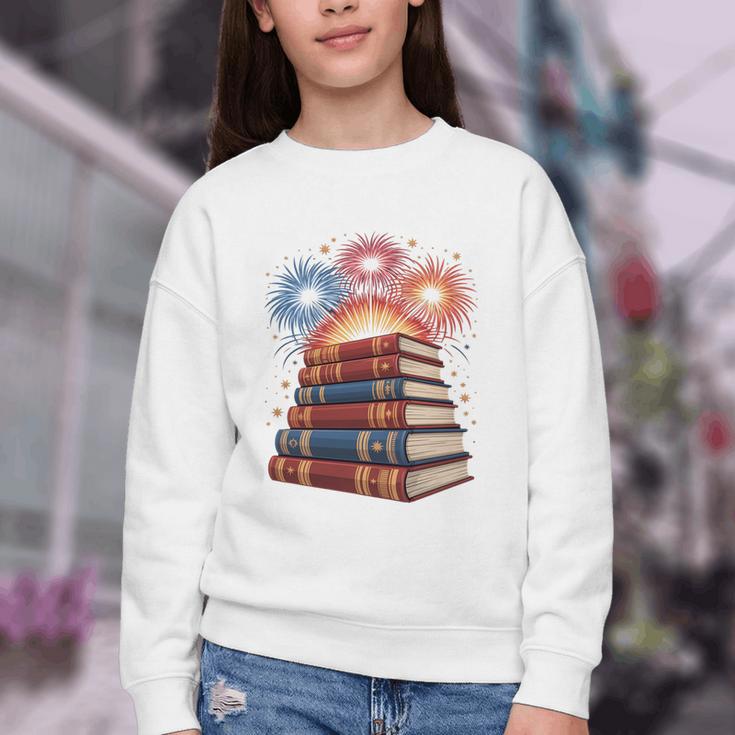 Books Fireworks 4th Of July Bookworm Patriotic Reader Youth Crewneck Sweatshirt
