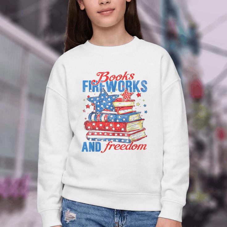 Books Fireworks And Freedom 4th Of July Book Lover Youth Crewneck Sweatshirt