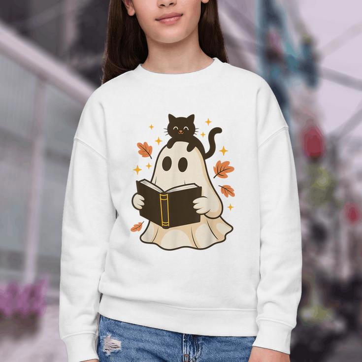 Books Ghost Reading Book Halloween Library Cat Fall Youth Crewneck Sweatshirt