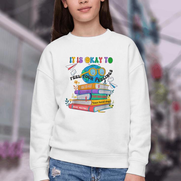 Books It's Okay To Be Kind Yellow Mental Health Day Kids Youth Crewneck Sweatshirt