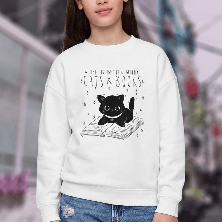 Cat Book For Women Life Is Better With Cats And Books Youth Crewneck Sweatshirt Cat Book For Women Life Is Better With Cats And Books Youth Crewneck Sweatshirt