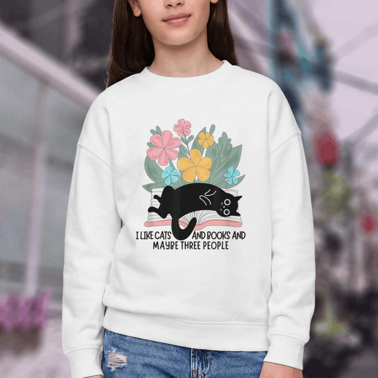 Cat Meme I Like Cats And Books And Maybe Three People Youth Crewneck Sweatshirt