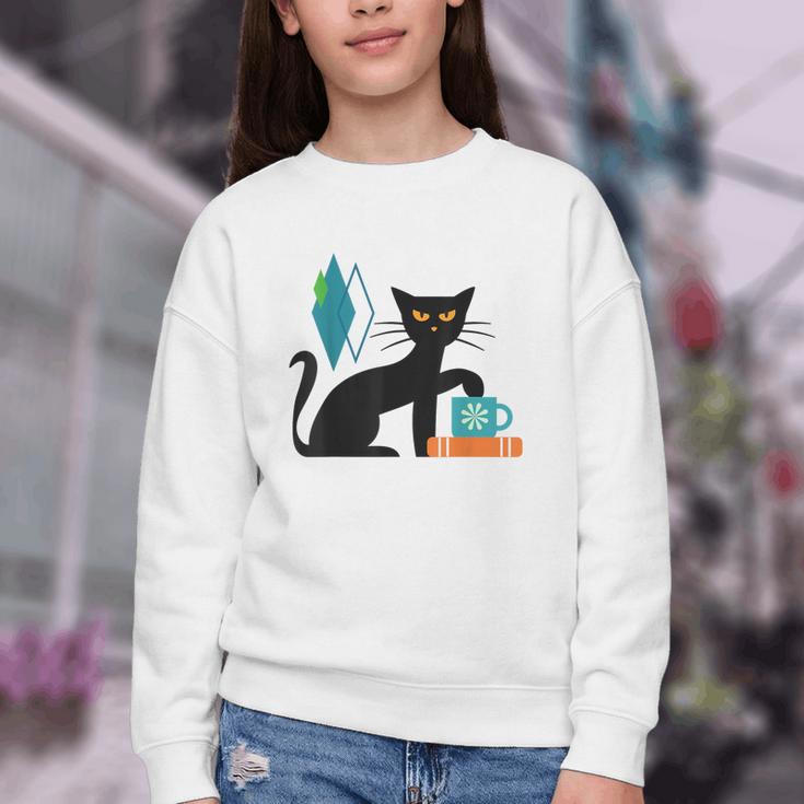 Cat Midcentury With Book And Coffee Atomic Age Mid Century Youth Crewneck Sweatshirt