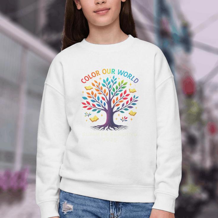 Color Our World Summer Reading Program 2025 Trippy Book Tree Youth Crewneck Sweatshirt Color Our World Summer Reading Program 2025 Trippy Book Tree Youth Crewneck Sweatshirt