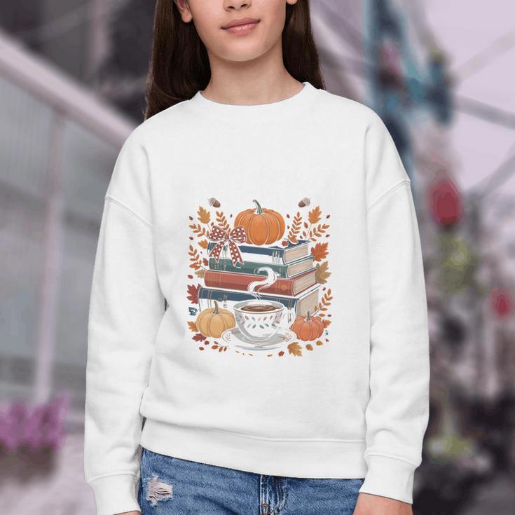 Cozy Autumn Books Fully Booked For Fall Books Pumpkin Youth Crewneck Sweatshirt