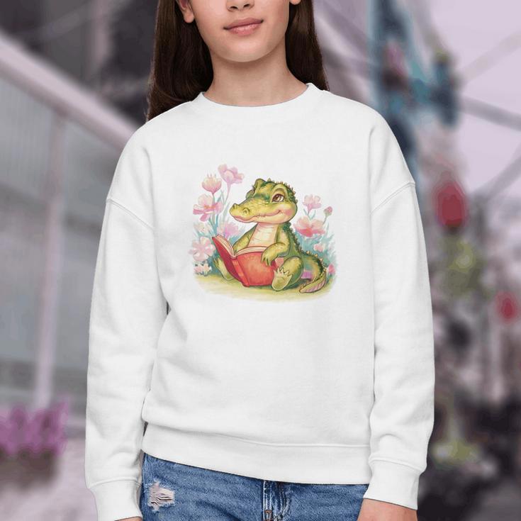 Crocodile Reading Book Watercolor Flowers Kids Youth Crewneck Sweatshirt
