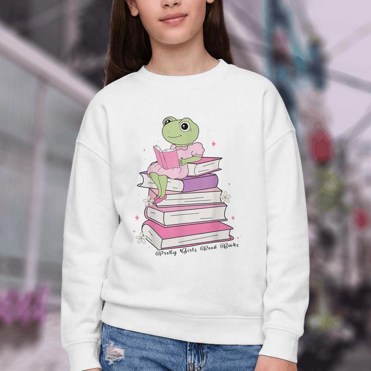 Cute Book Lover Frog Pretty Girls Read Books Kawaii Reading Youth Crewneck Sweatshirt