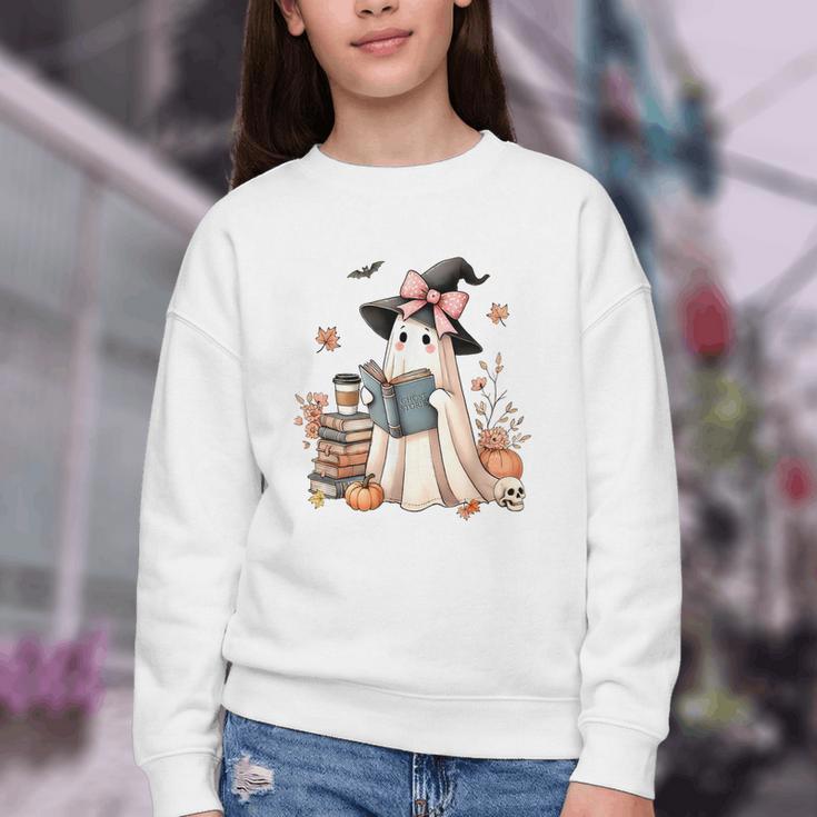 Cute Ghost Reading Book Librarian Book Lover Youth Crewneck Sweatshirt