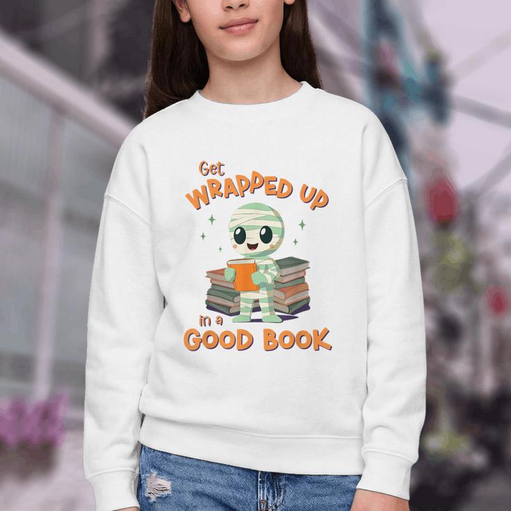 Cute Halloween Teacher Librarian Mummy Reading Books Youth Crewneck Sweatshirt