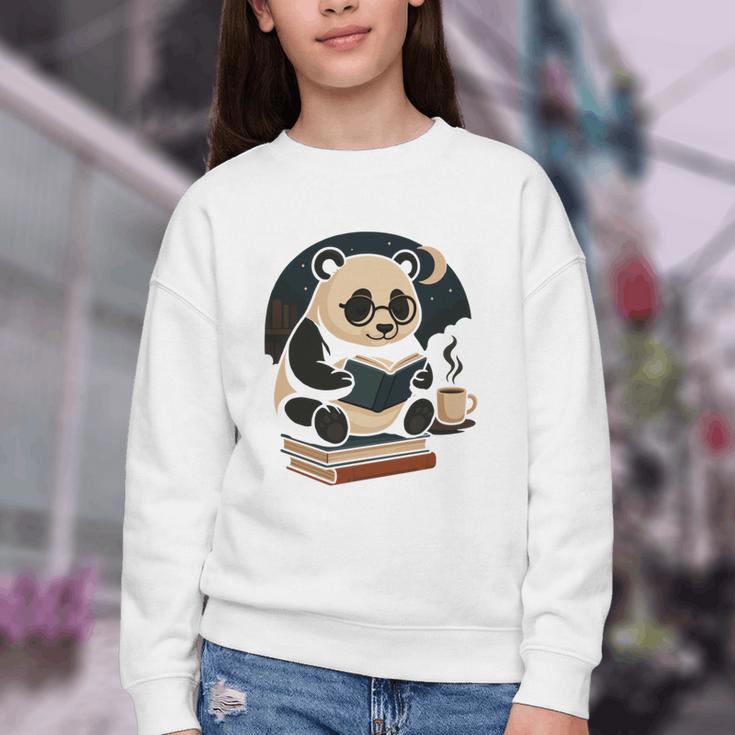 Cute Panda Reading Book Under Moon Bookworm Coffee Lover Youth Crewneck Sweatshirt