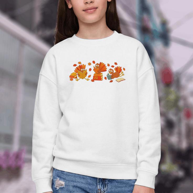 Cute Turkey Reading Book Librarian Bookworm Thanksgiving Men Youth Crewneck Sweatshirt