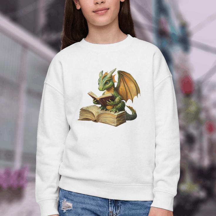Dragon Bookworm Reading Book Graphic Youth Crewneck Sweatshirt