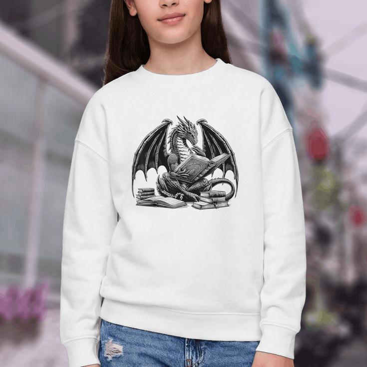 Dragon Reading Book Bookworm Books Dragon Learning Youth Crewneck Sweatshirt
