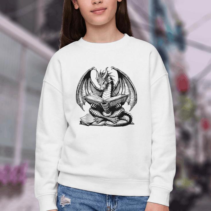 Dragon Reading Book Bookworm Books Dragon Lover Learning Youth Crewneck Sweatshirt