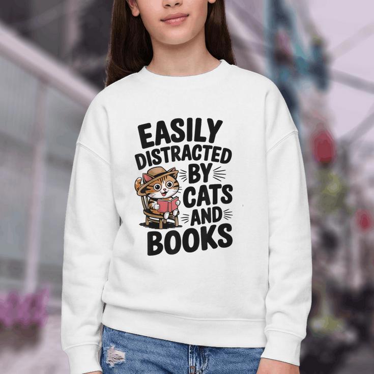 Easily Distracted By Cats And Books Lovers Reading Youth Crewneck Sweatshirt Easily Distracted By Cats And Books Lovers Reading Youth Crewneck Sweatshirt