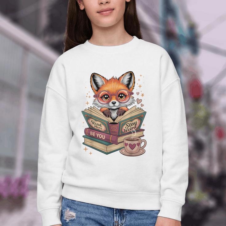 Fox Read Books Be Kind Stay Weird Reader Cute Nerd Bookworm Youth Crewneck Sweatshirt
