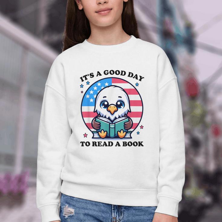 A Good Day To Read a Book Reading Eagle With American Flag Youth Crewneck Sweatshirt