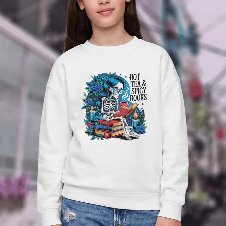 Hot Tea & Spicy Books Skeleton Reader Youth Crewneck Sweatshirt