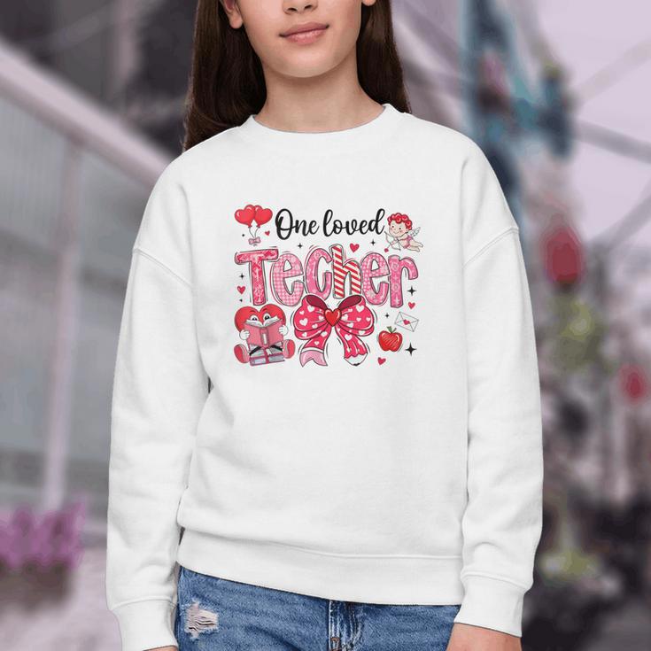 HUGvyn One Loved Teacher Valentine Book Heart Reading Bow Youth Crewneck Sweatshirt