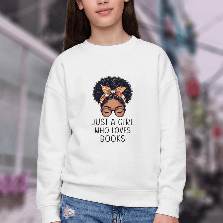 Just a Girl Who Loves Books Messy Bun Black Women Reading Youth Crewneck Sweatshirt Just a Girl Who Loves Books Messy Bun Black Women Reading Youth Crewneck Sweatshirt