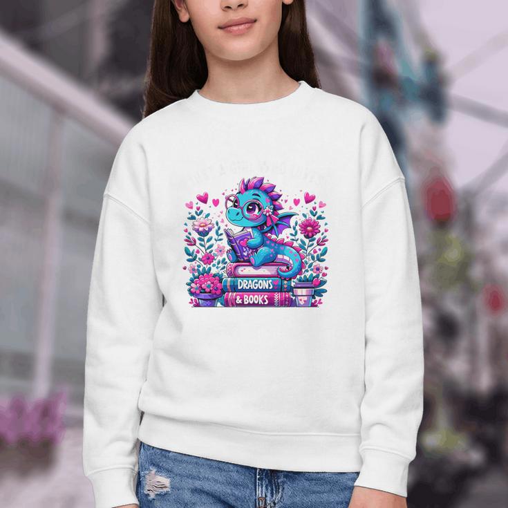 Just A Girl Who Loves Dragons And Books Cute Dragon Reading Premium Tri-Blend Youth Crewneck Sweatshirt