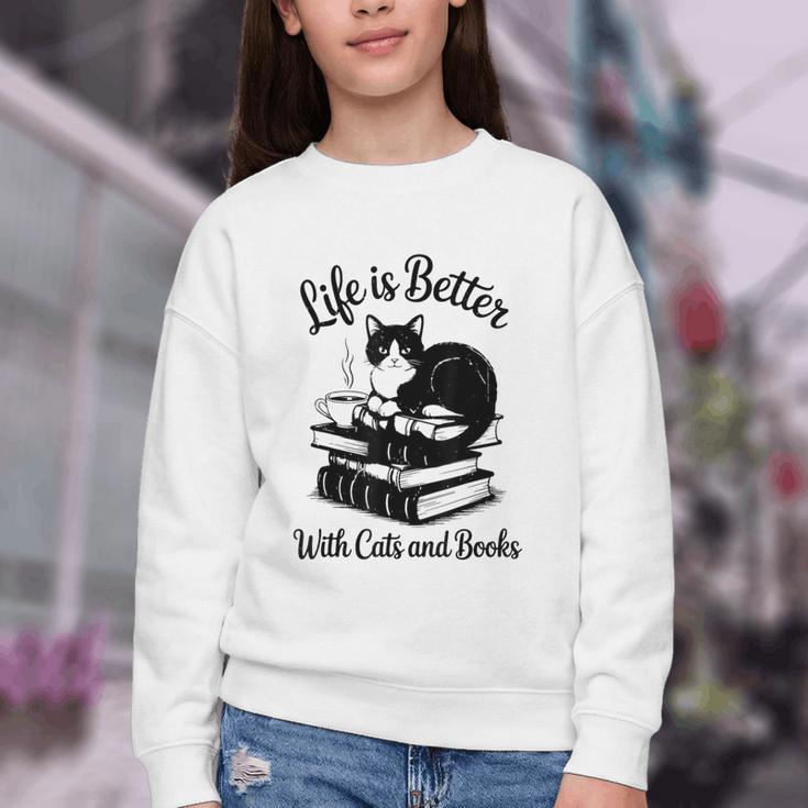 Life Is Better With Cats & Books Tuxedo Cat Mom Women Youth Crewneck Sweatshirt Life Is Better With Cats & Books Tuxedo Cat Mom Women Youth Crewneck Sweatshirt