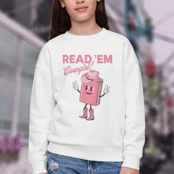 Read 'Em Western Cowgirl Retro Groovy Reading Books Youth Crewneck Sweatshirt Read 'Em Western Cowgirl Retro Groovy Reading Books Youth Crewneck Sweatshirt