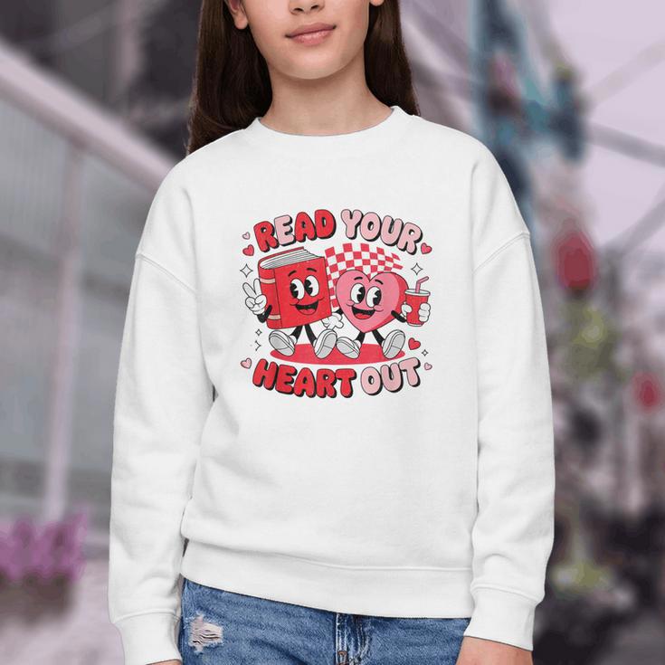 Read Your Heart Out Valentine's Day Retro Teacher Bookish Youth Crewneck Sweatshirt