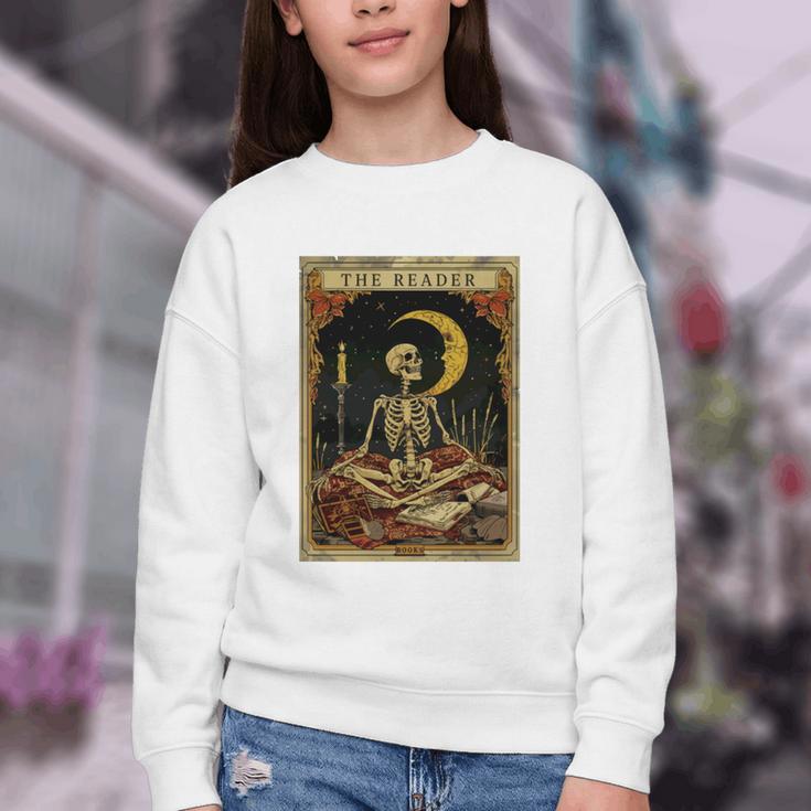 The Reader Tarot Card Book Lover Skeleton Art Goth Style Youth Crewneck Sweatshirt