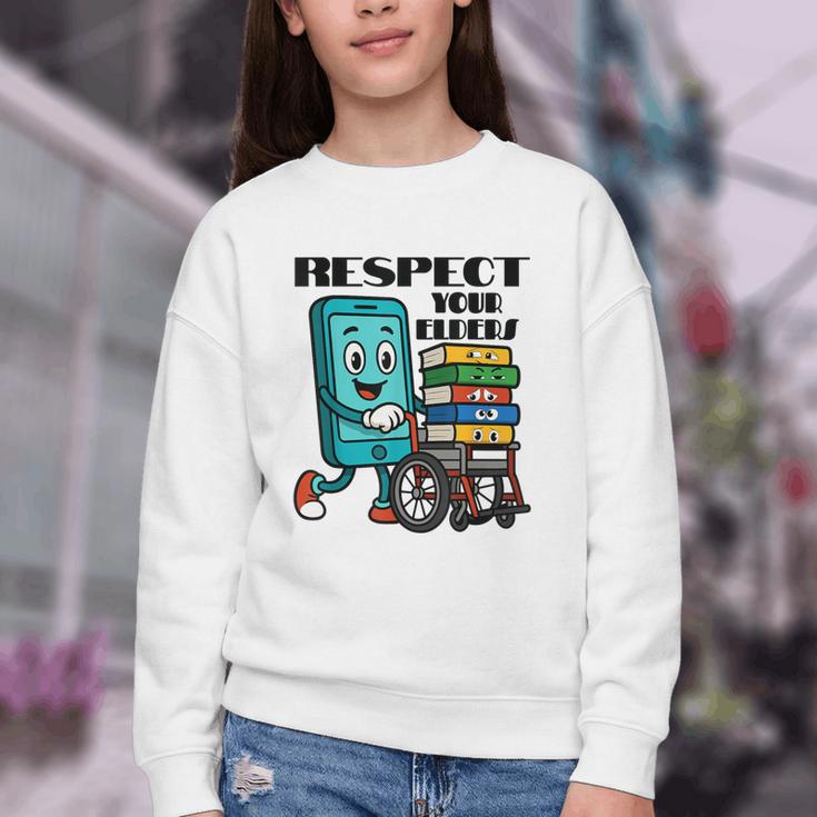 Respect Elders Cellphone Pushing Books In a Wheelchair Youth Crewneck Sweatshirt