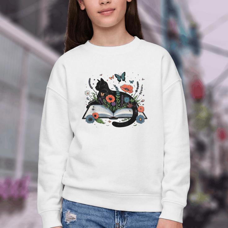Retro Cute Cat Floral Book Librarian Vintage Floral Cat Book Youth Crewneck Sweatshirt Retro Cute Cat Floral Book Librarian Vintage Floral Cat Book Youth Crewneck Sweatshirt
