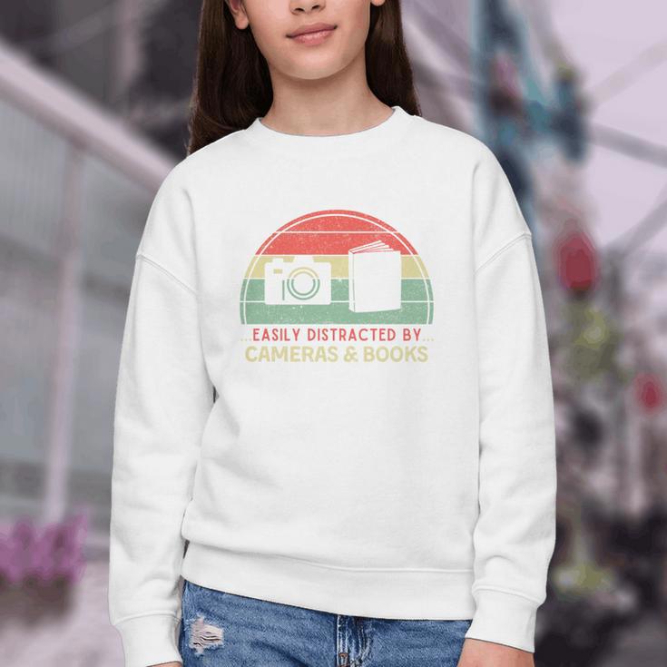 Retro Easily Distracted By Cameras & Books Photography Youth Crewneck Sweatshirt