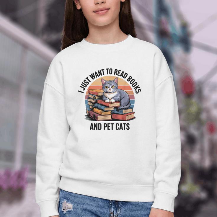 Retro I Just Want To Read Books And Pet Cats Cat Youth Crewneck Sweatshirt